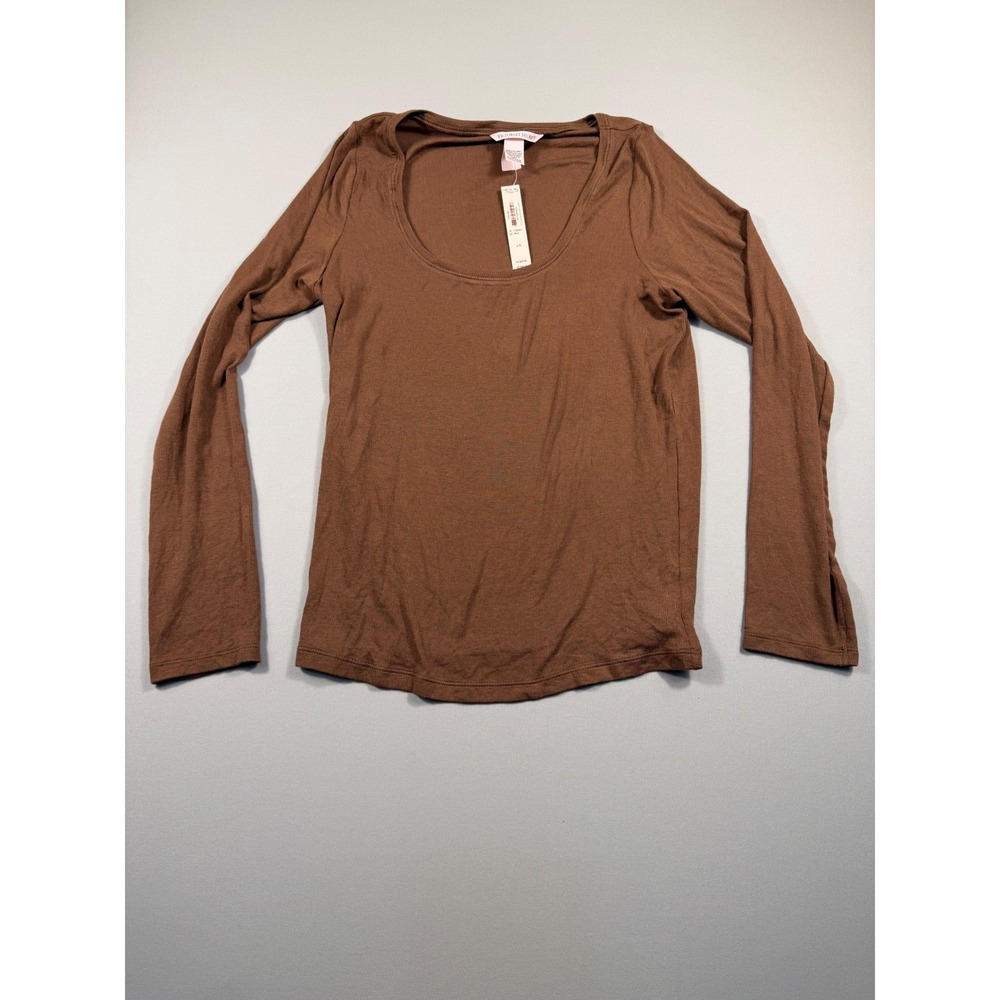 Victoria's Secret Brown Ribbed Scoop Neck Long Sleeve Top Large NWT